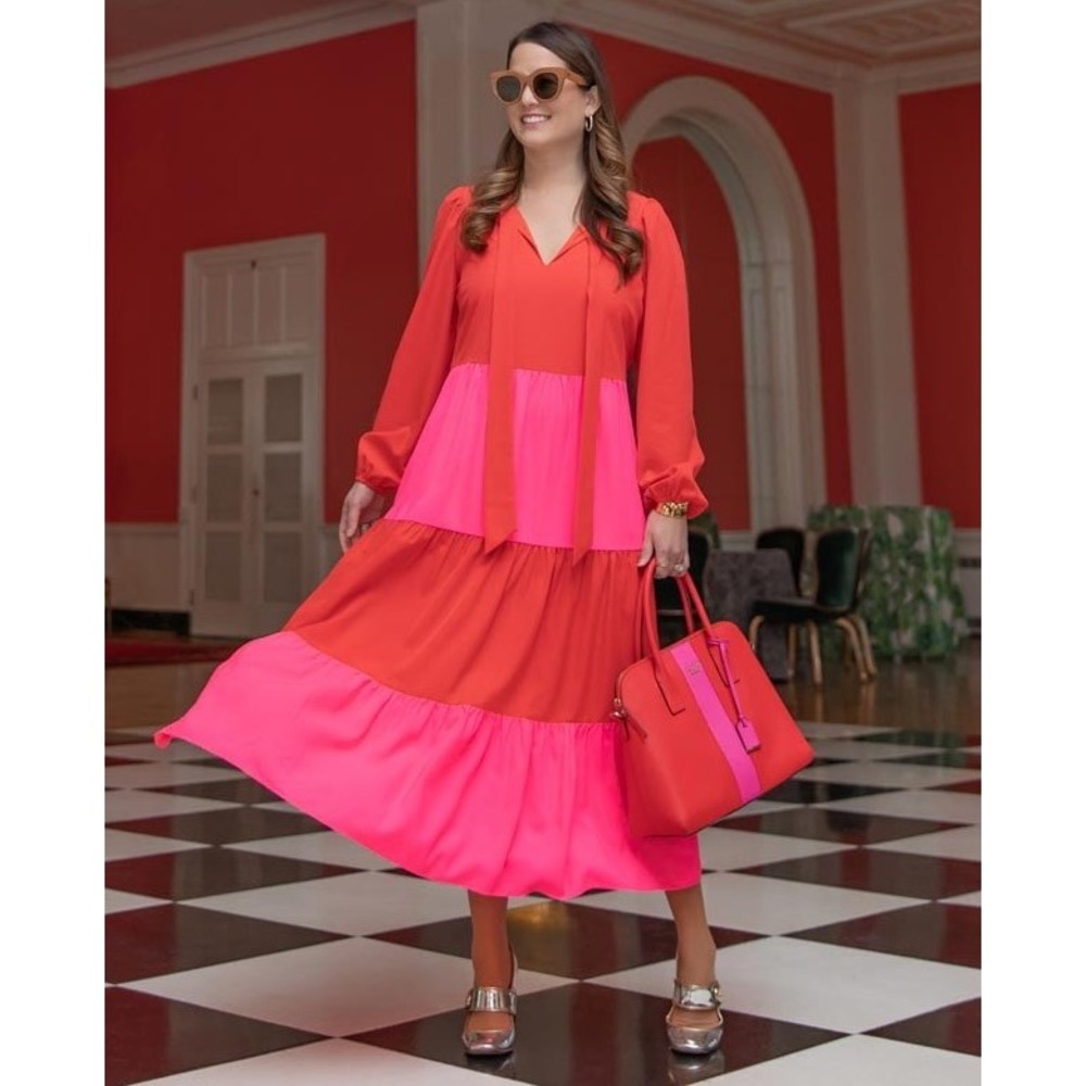 Sail‎ to Sable Dress Women Small Red Pink Tiered Colorblock Bow Neck Midi Preppy